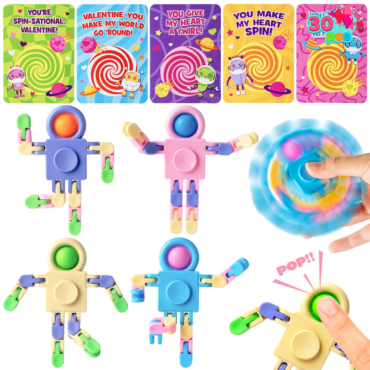 JOYIN 30-Pack Valentine's Day Pastel Robot Fidget Spinners with Cards