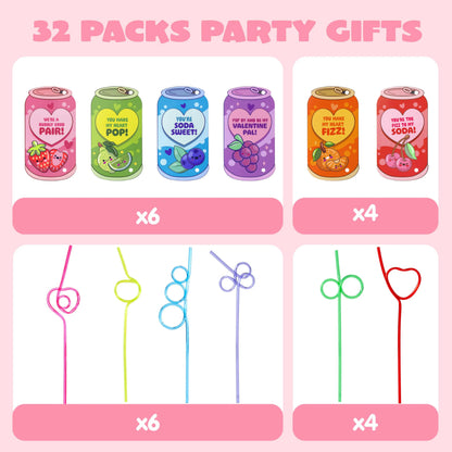 JOYIN 32 Pcs Valentine's Day Crazy Straws with Can Drink Cards
