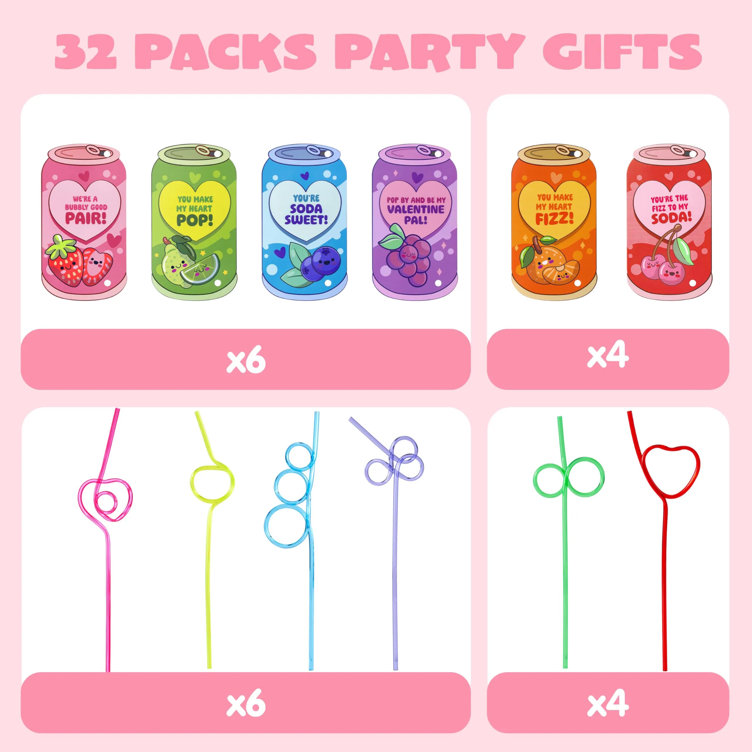 JOYIN 32 Pcs Valentine's Day Crazy Straws with Can Drink Cards