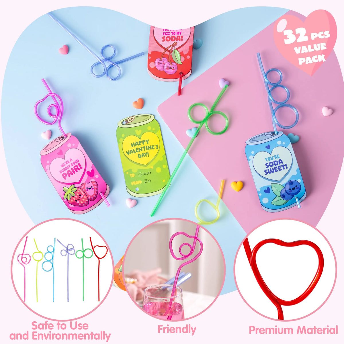 JOYIN 32 Pcs Valentine's Day Crazy Straws with Can Drink Cards