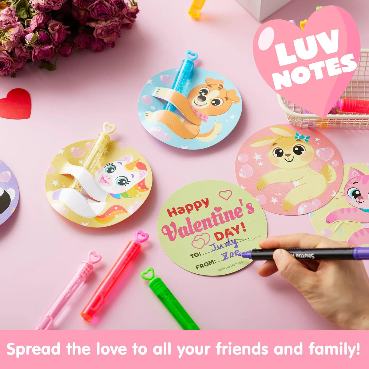JOYIN 32 Pcs Valentine's Day Mini Bubble Wands with Animal Themed Cards