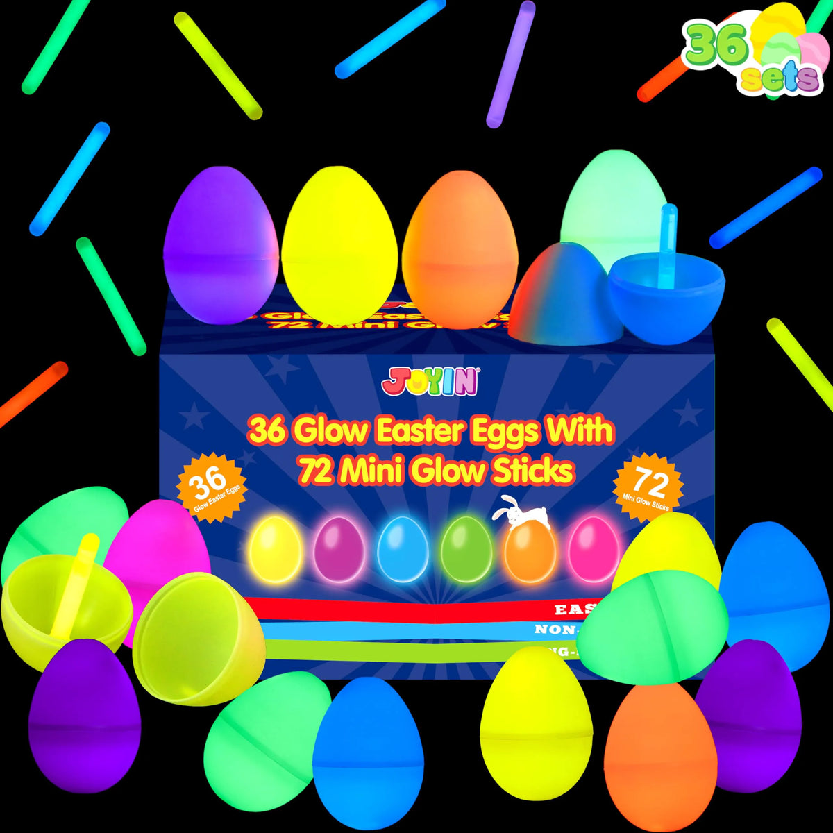 JOYIN 36-Pack Easter Eggs with Mini Glow Sticks