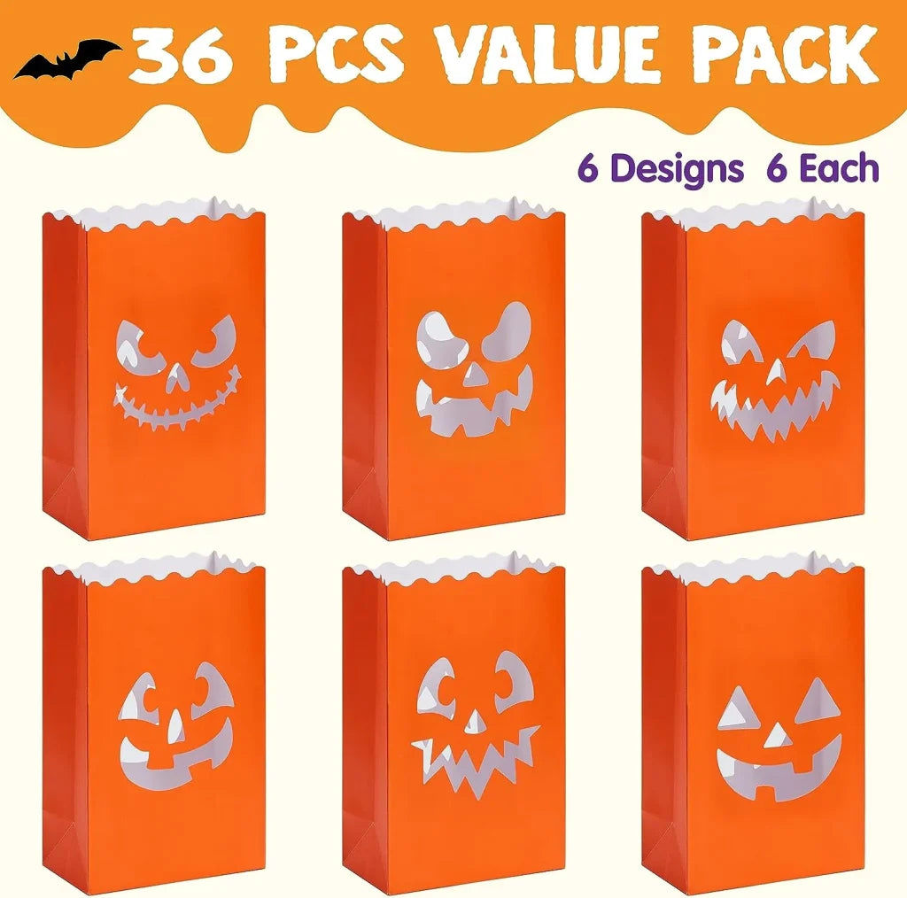 JOIN 36-Pack Halloween Flame-Resistant Pumpkin Paper Bag Lanterns