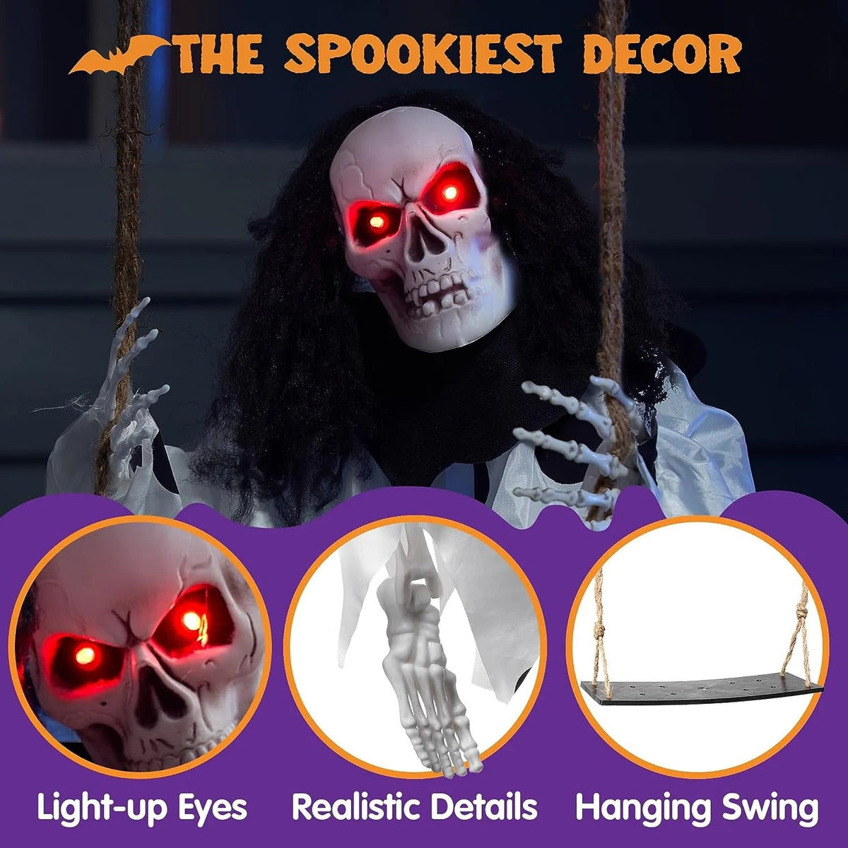36-Inch Hanging Ghost Skeleton with Lights for Halloween