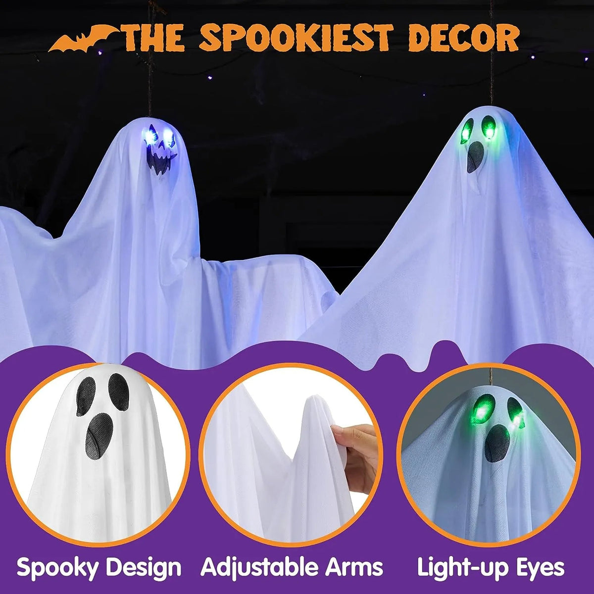 JOYIN 3-Pack 35.4-Inch Halloween Light-Up Hanging Ghost Decorations for Spooky Home Props