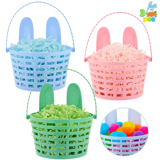 JOYIN 3-Pack Easter Plastic Baskets with Bunny Ears and Shredded Paper Grass