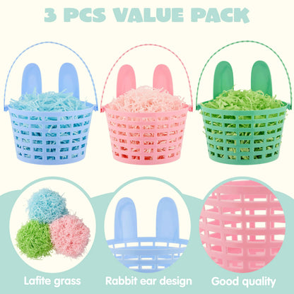 JOYIN 3-Pack Easter Plastic Baskets with Bunny Ears and Shredded Paper Grass