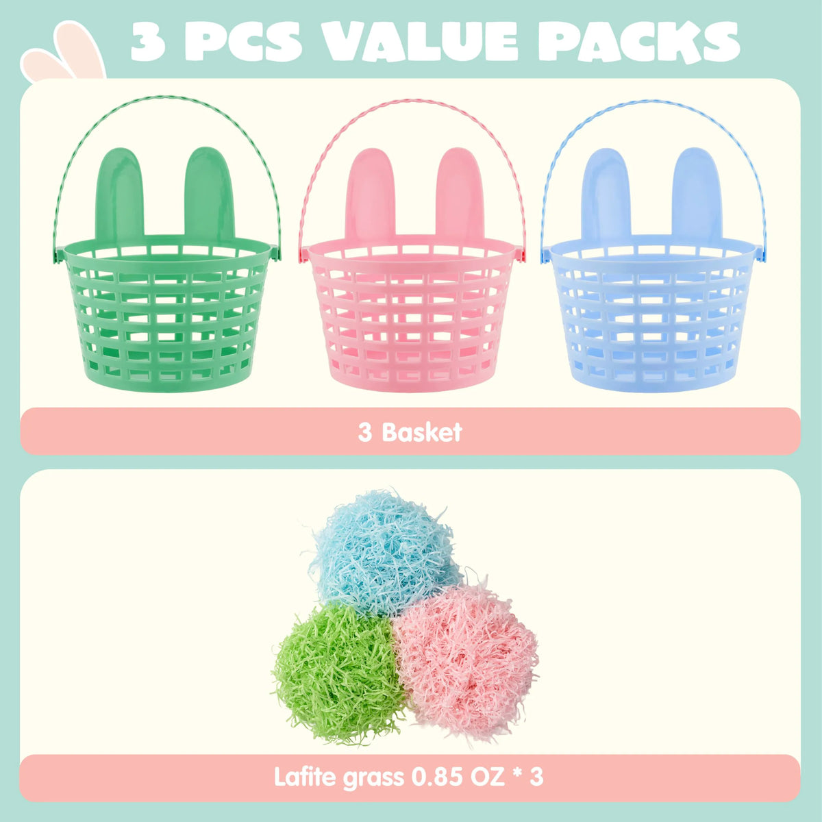 JOYIN 3-Pack Easter Plastic Baskets with Bunny Ears and Shredded Paper Grass