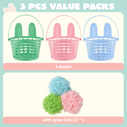 JOYIN 3-Pack Easter Plastic Baskets with Bunny Ears and Shredded Paper Grass