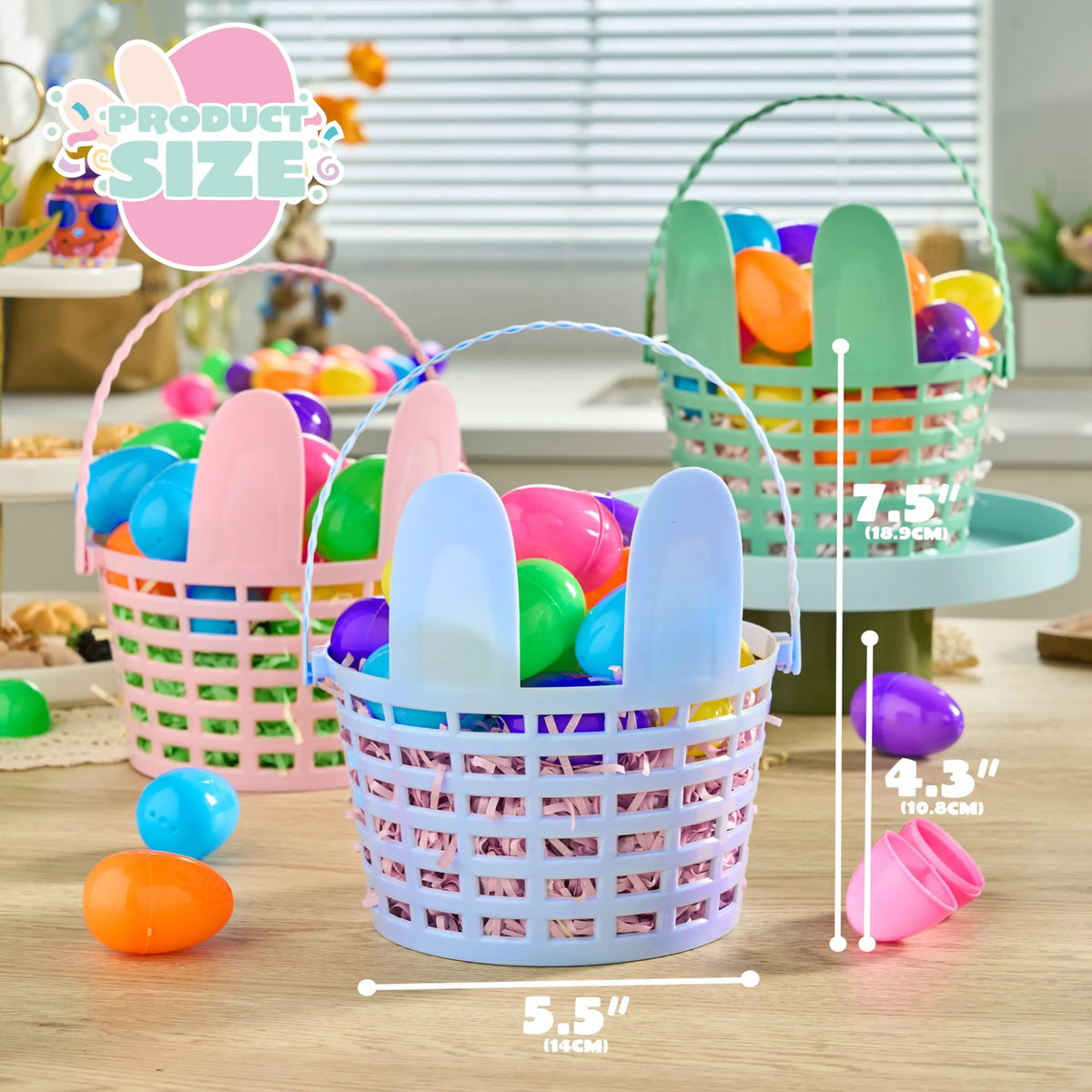 JOYIN 3-Pack Easter Plastic Baskets with Bunny Ears and Shredded Paper Grass