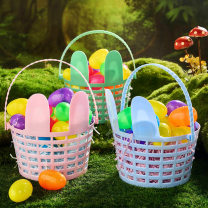JOYIN 3-Pack Easter Plastic Baskets with Bunny Ears and Shredded Paper Grass