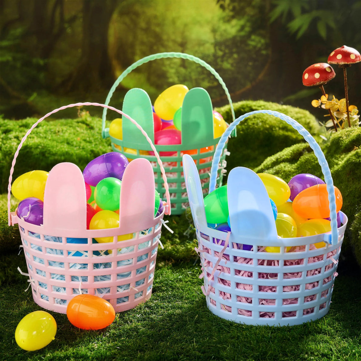 JOYIN 3-Pack Easter Plastic Baskets with Bunny Ears and Shredded Paper Grass