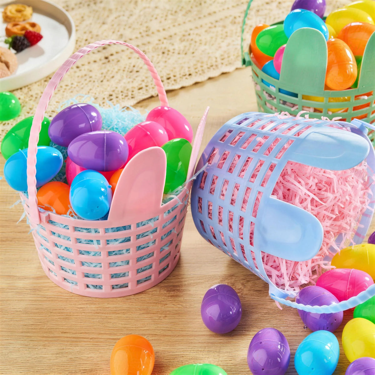JOYIN 3-Pack Easter Plastic Baskets with Bunny Ears and Shredded Paper Grass