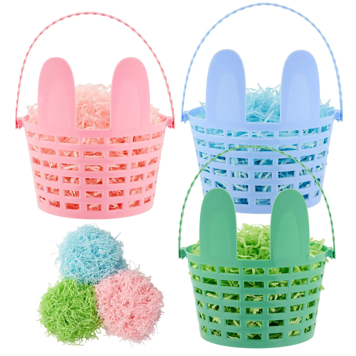JOYIN 3-Pack Easter Plastic Baskets with Bunny Ears and Shredded Paper Grass