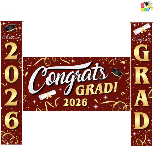 3Pcs Maroon & Gold Satin Graduation Backdrop Banners Class of 2026 Party Decor