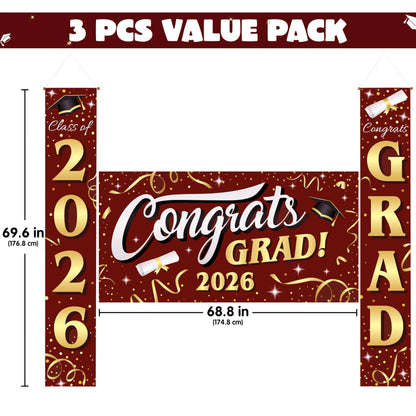 3Pcs Maroon & Gold Satin Graduation Backdrop Banners Class of 2026 Party Decor
