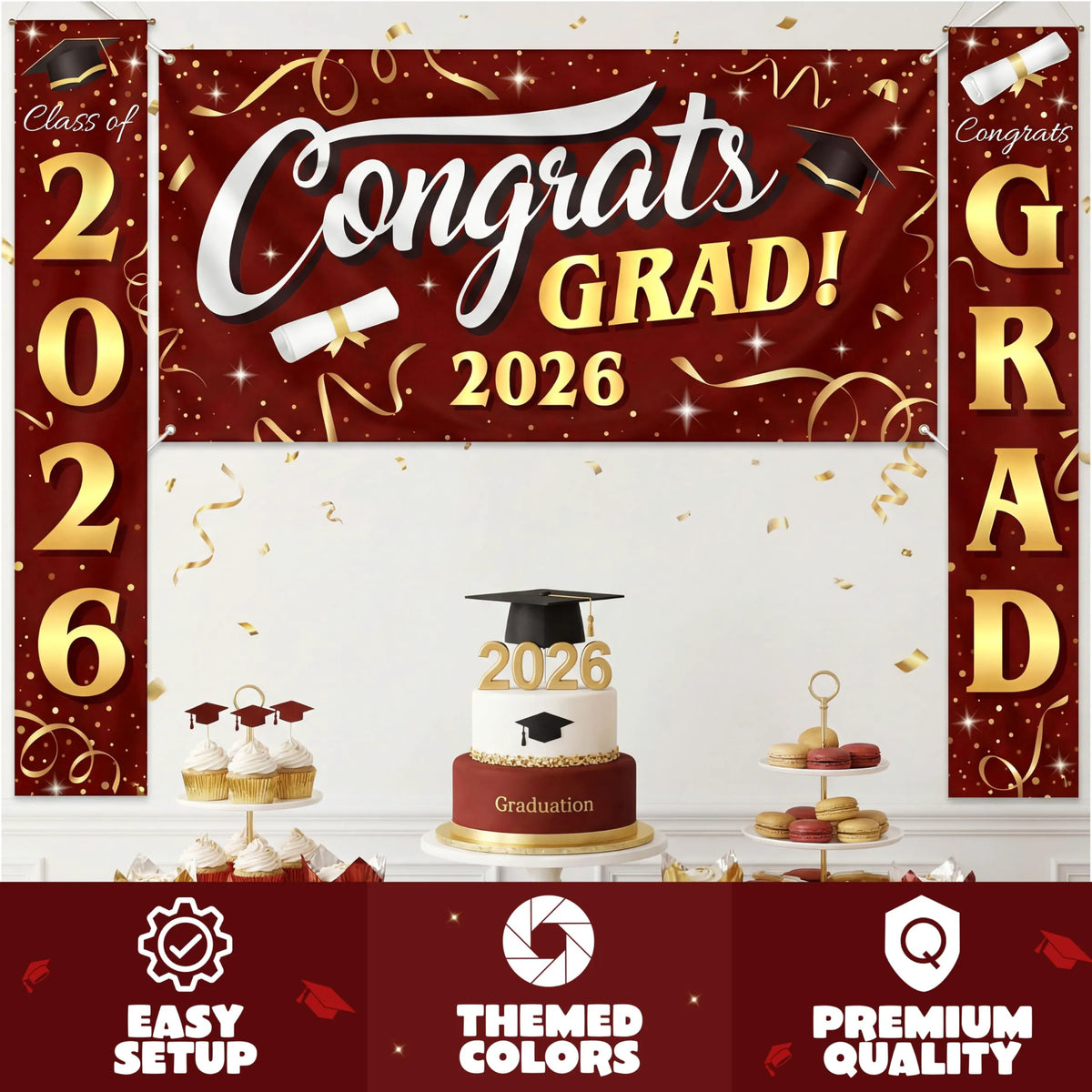 3Pcs Maroon & Gold Satin Graduation Backdrop Banners Class of 2026 Party Decor