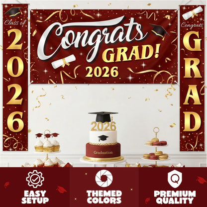 3Pcs Maroon & Gold Satin Graduation Backdrop Banners Class of 2026 Party Decor