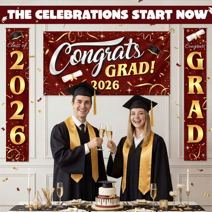 3Pcs Maroon & Gold Satin Graduation Backdrop Banners Class of 2026 Party Decor
