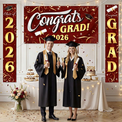 3Pcs Maroon & Gold Satin Graduation Backdrop Banners Class of 2026 Party Decor