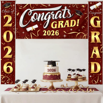 3Pcs Maroon & Gold Satin Graduation Backdrop Banners Class of 2026 Party Decor
