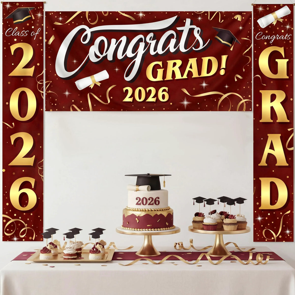 3Pcs Maroon & Gold Satin Graduation Backdrop Banners Class of 2026 Party Decor