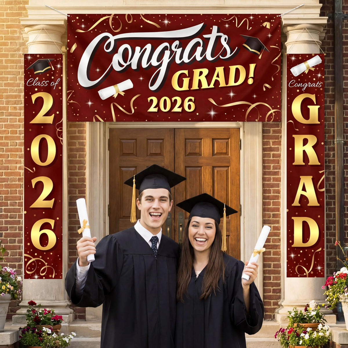3Pcs Maroon & Gold Satin Graduation Backdrop Banners Class of 2026 Party Decor