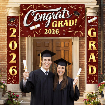 3Pcs Maroon & Gold Satin Graduation Backdrop Banners Class of 2026 Party Decor