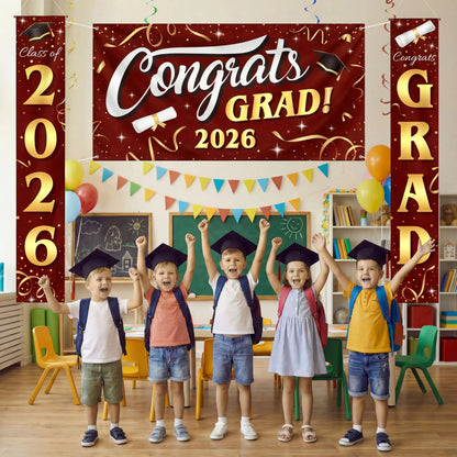 3Pcs Maroon & Gold Satin Graduation Backdrop Banners Class of 2026 Party Decor