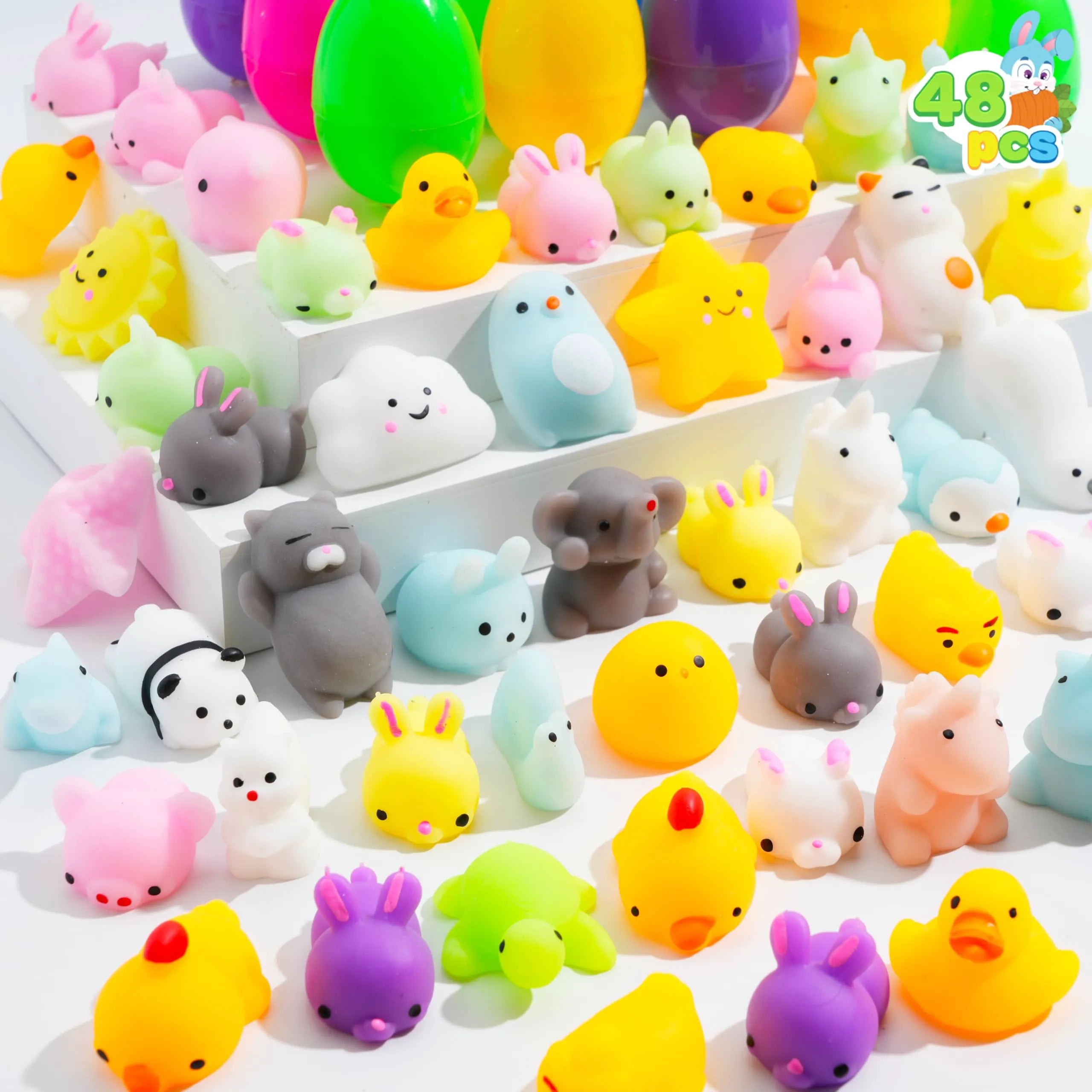 JOYIN 48 Pcs Easter Prefilled Eggs with Mochi Squishy Toys