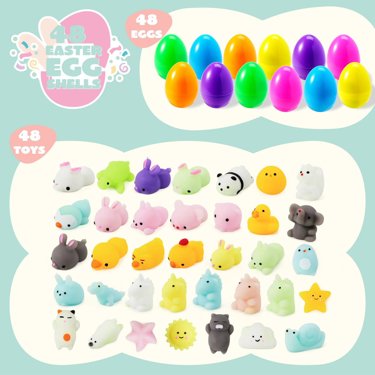 JOYIN 48 Pcs Easter Prefilled Eggs with Mochi Squishy Toys