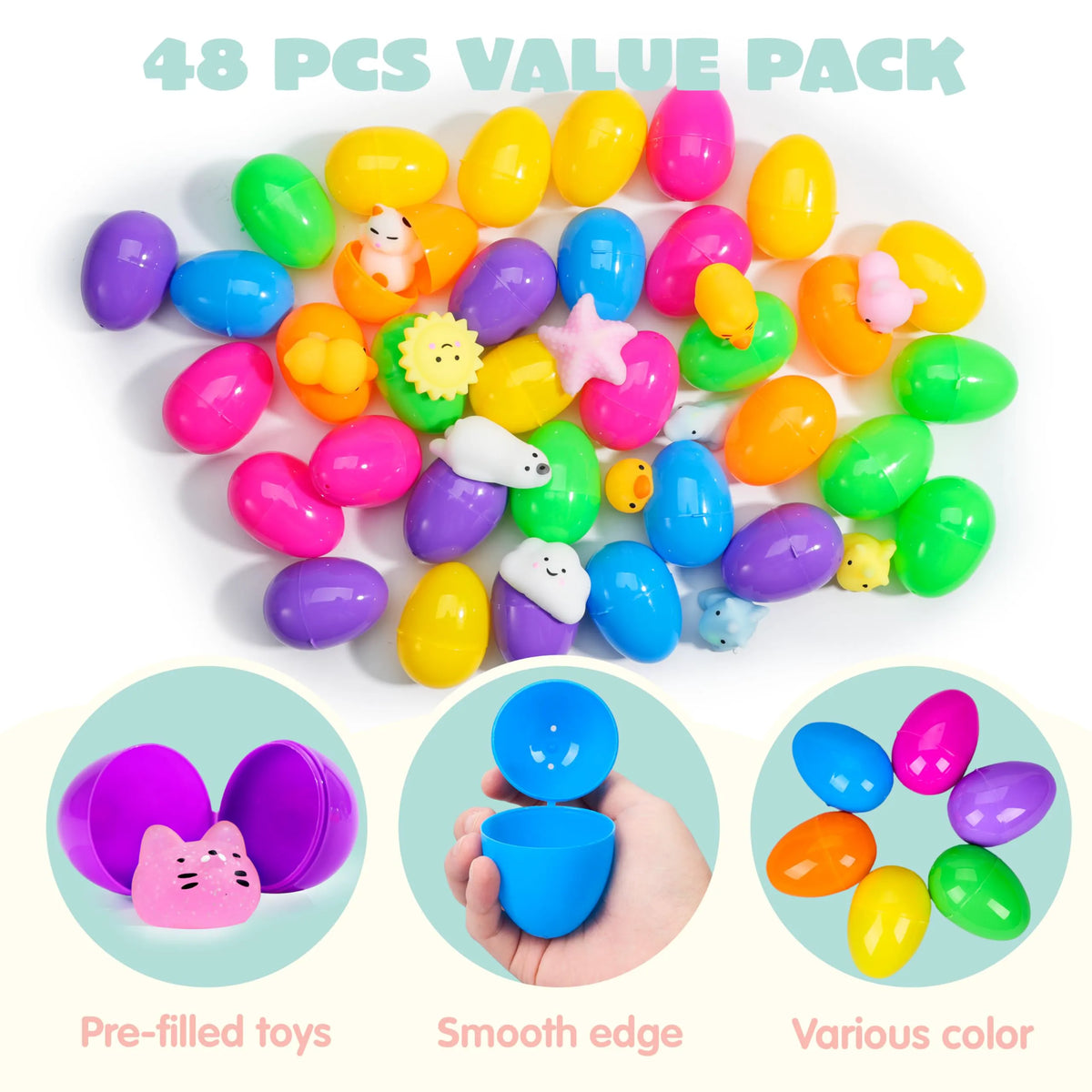 JOYIN 48 Pcs Easter Prefilled Eggs with Mochi Squishy Toys