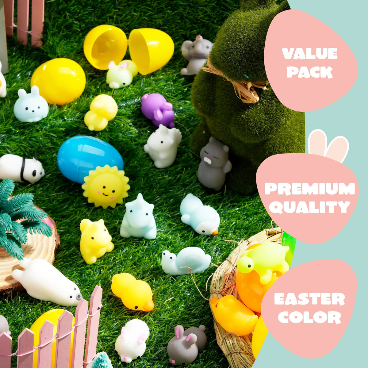 JOYIN 48 Pcs Easter Prefilled Eggs with Mochi Squishy Toys