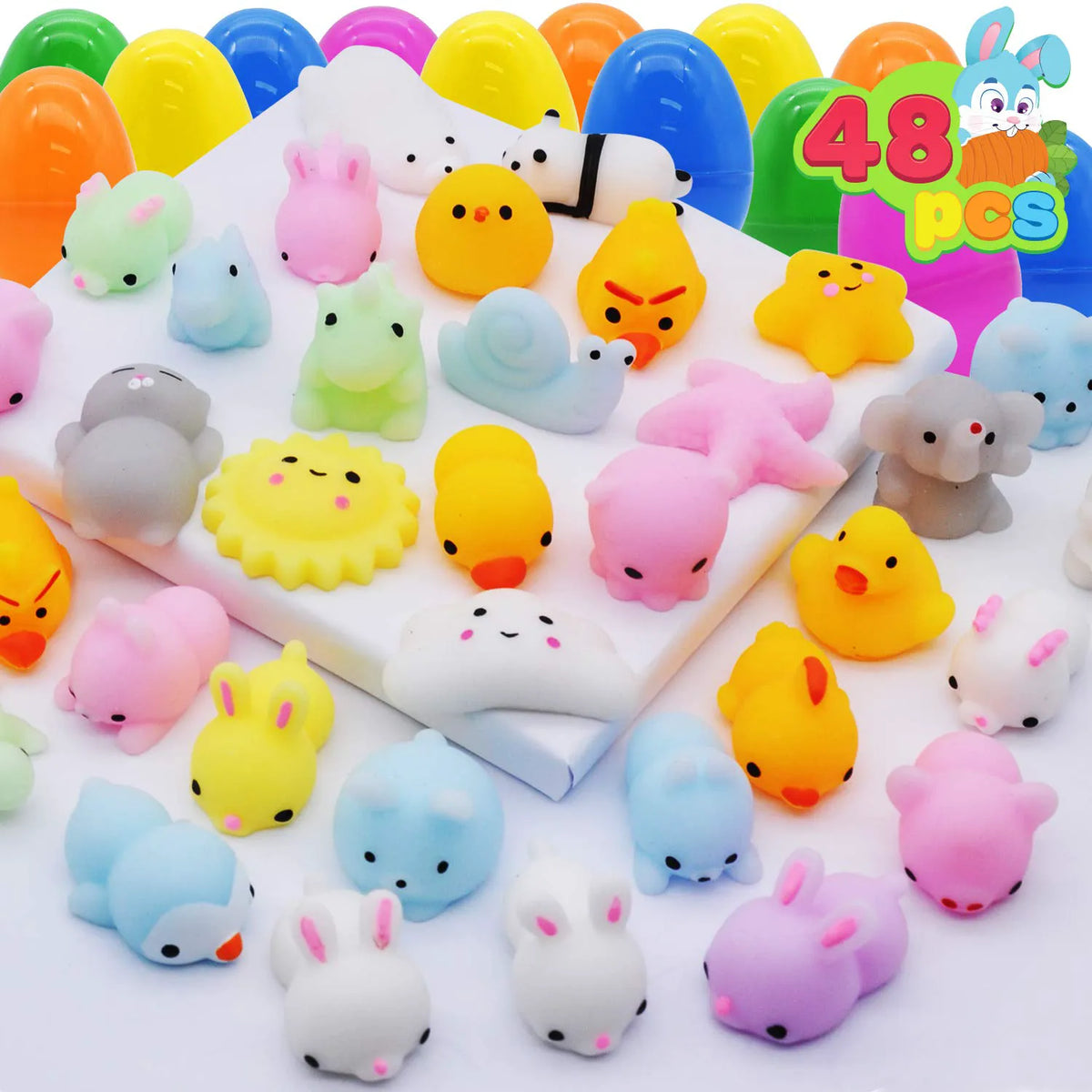 JOYIN 48 Pcs Easter Prefilled Eggs with Mochi Squishy Toys