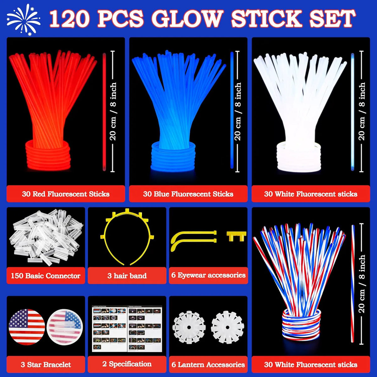 JOYIN 4th of July Patriotic Glow Sticks (120 Count)