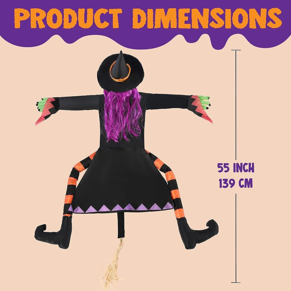 JOYIN 55-Inch Halloween Crashing Witch Decoration with Purple Hair