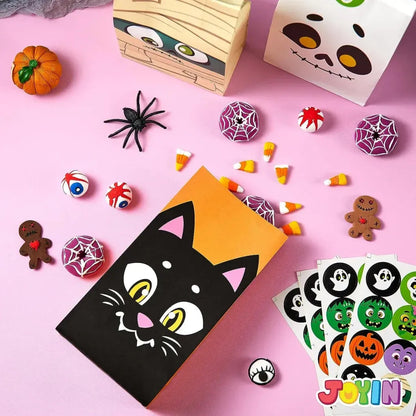 72PCS Halloween Treat Bags - 6 Styles Trick or Treat Paper Bags with Stickers, Halloween Goodie Bags for Kids