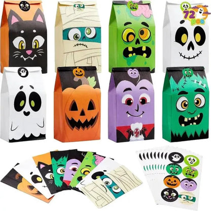 72PCS Halloween Treat Bags - 6 Styles Trick or Treat Paper Bags with Stickers, Halloween Goodie Bags for Kids