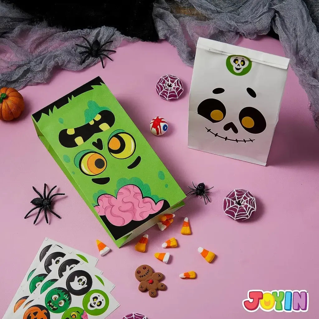 72PCS Halloween Treat Bags - 6 Styles Trick or Treat Paper Bags with Stickers, Halloween Goodie Bags for Kids