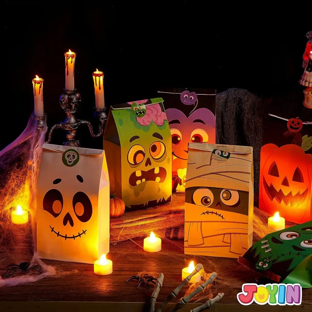72PCS Halloween Treat Bags - 6 Styles Trick or Treat Paper Bags with Stickers, Halloween Goodie Bags for Kids