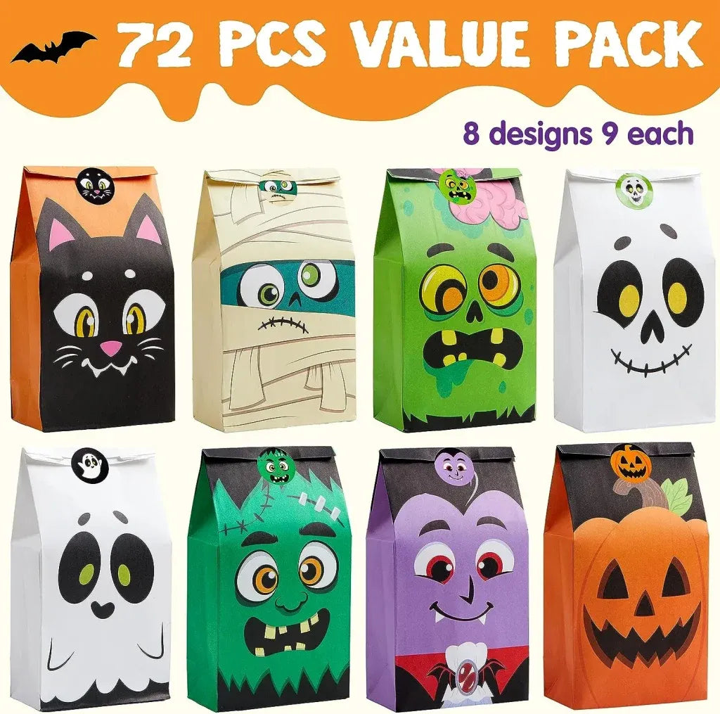 72PCS Halloween Treat Bags - 6 Styles Trick or Treat Paper Bags with Stickers, Halloween Goodie Bags for Kids