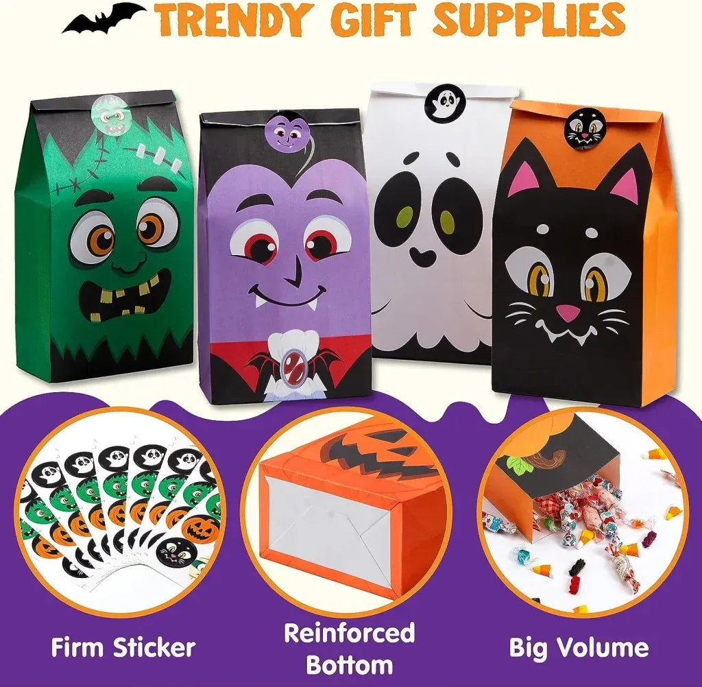 72PCS Halloween Treat Bags - 6 Styles Trick or Treat Paper Bags with Stickers, Halloween Goodie Bags for Kids