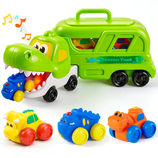 JOYIN Dinosaur Carrier Truck Toy with 3 Rubber Cars