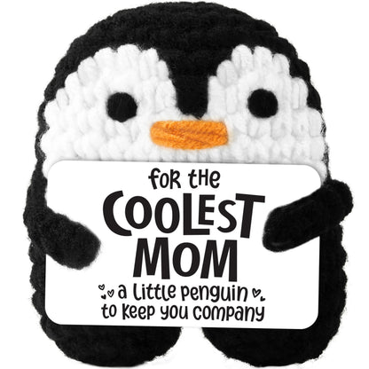 Handmade Crochet Mini Penguin Doll with Card, Funny Gift for Mom