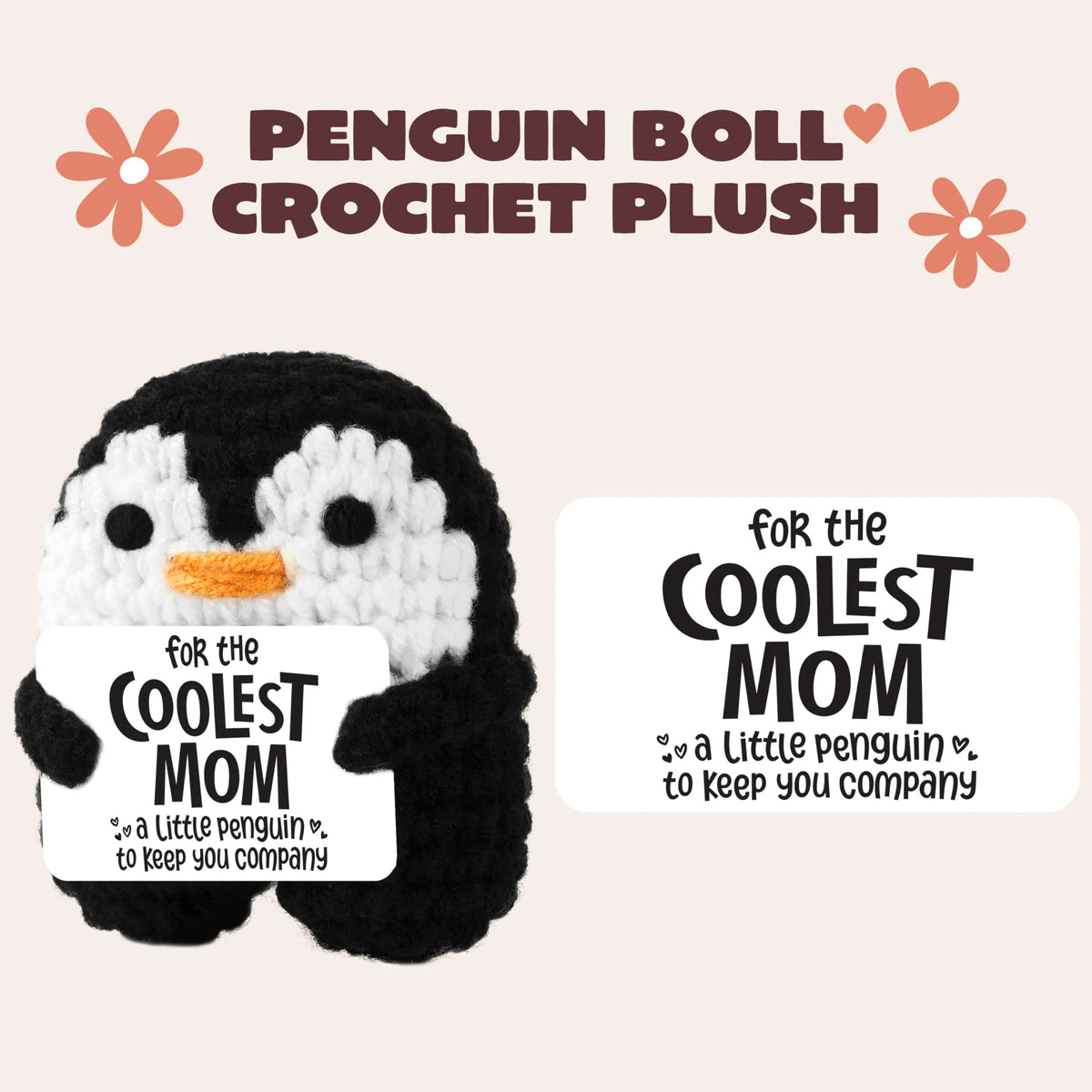 Handmade Crochet Mini Penguin Doll with Card, Funny Gift for Mom