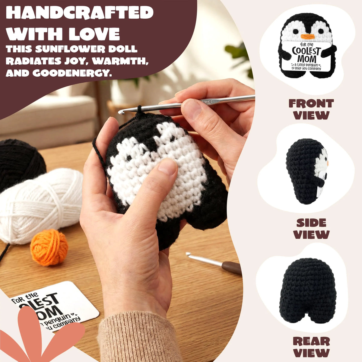 Handmade Crochet Mini Penguin Doll with Card, Funny Gift for Mom
