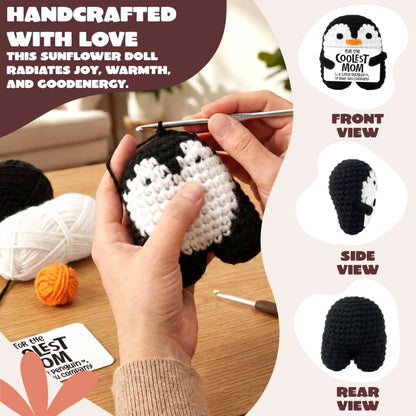 Handmade Crochet Mini Penguin Doll with Card, Funny Gift for Mom