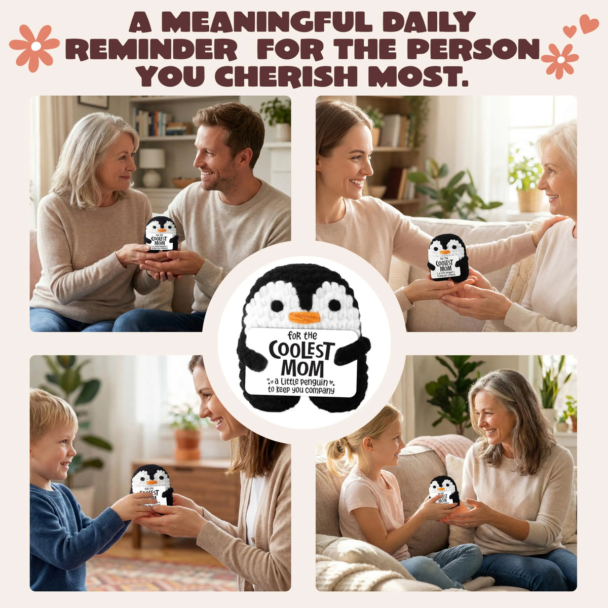 Handmade Crochet Mini Penguin Doll with Card, Funny Gift for Mom