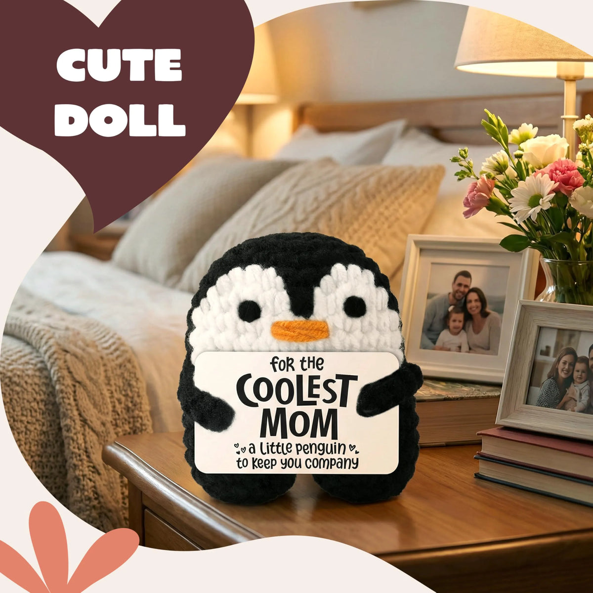 Handmade Crochet Mini Penguin Doll with Card, Funny Gift for Mom