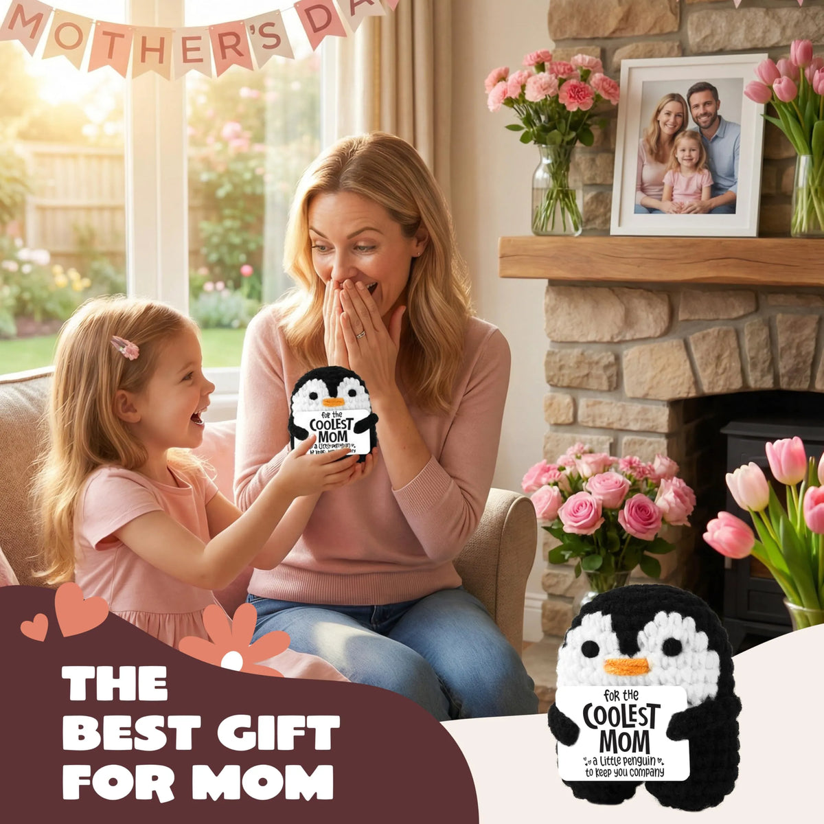 Handmade Crochet Mini Penguin Doll with Card, Funny Gift for Mom
